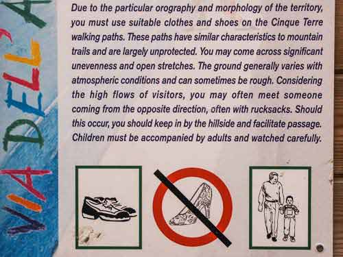 appropriate cinque terre hiking shoes sign